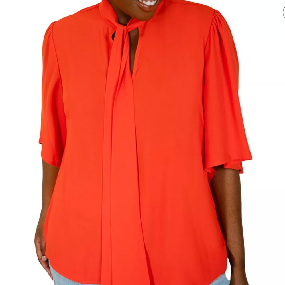 Eloquii Bow Blouse with Flutter Sleeve - Orange/Poppy